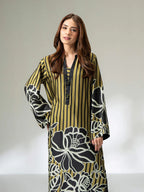 Olive printed silk long shirt with bead embellishment on the placket, front view