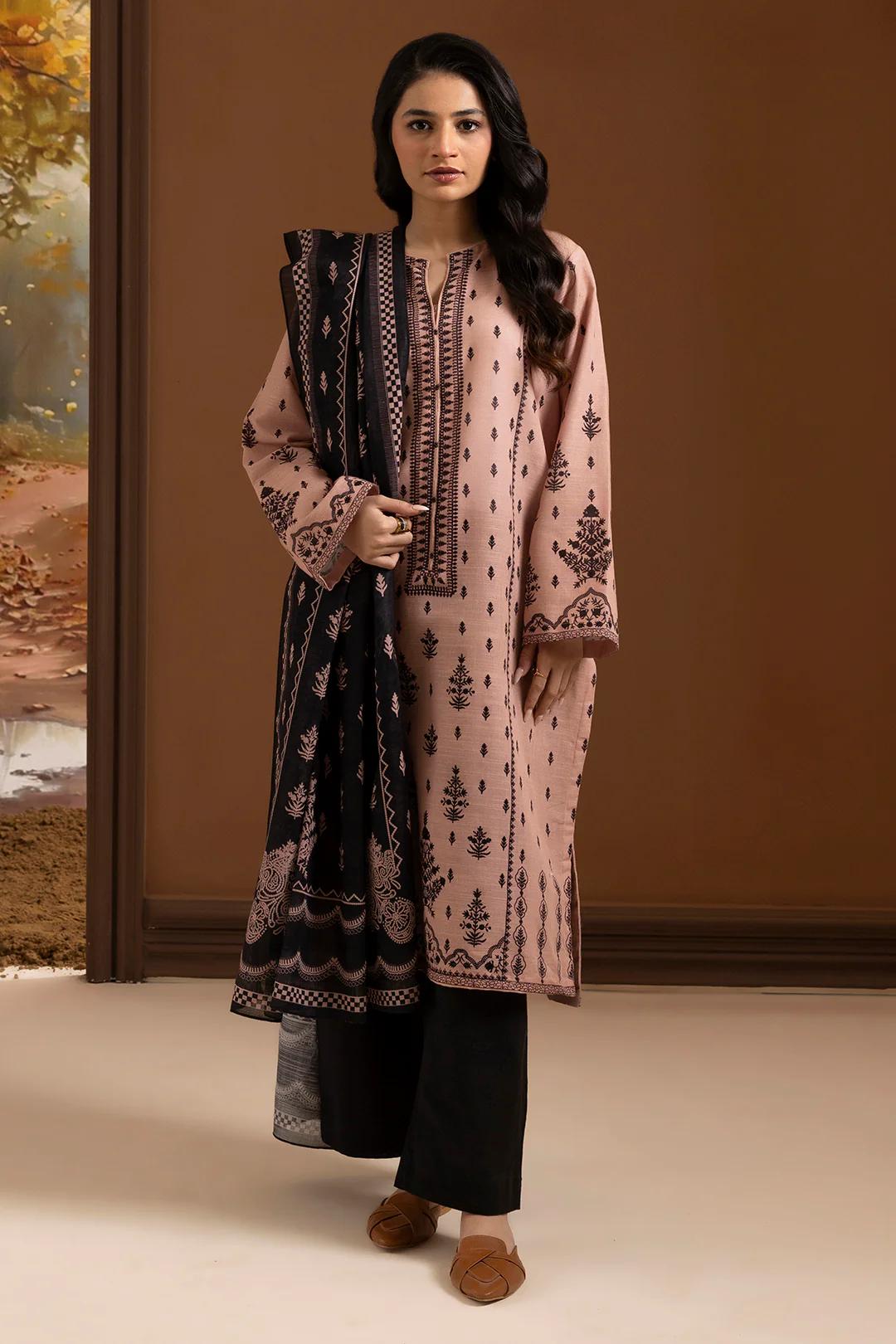 Zellbury Original 2 Piece Printed Khaddar Kurta with Dupatta – | Pakistani Winter Suit Slub Khaddar