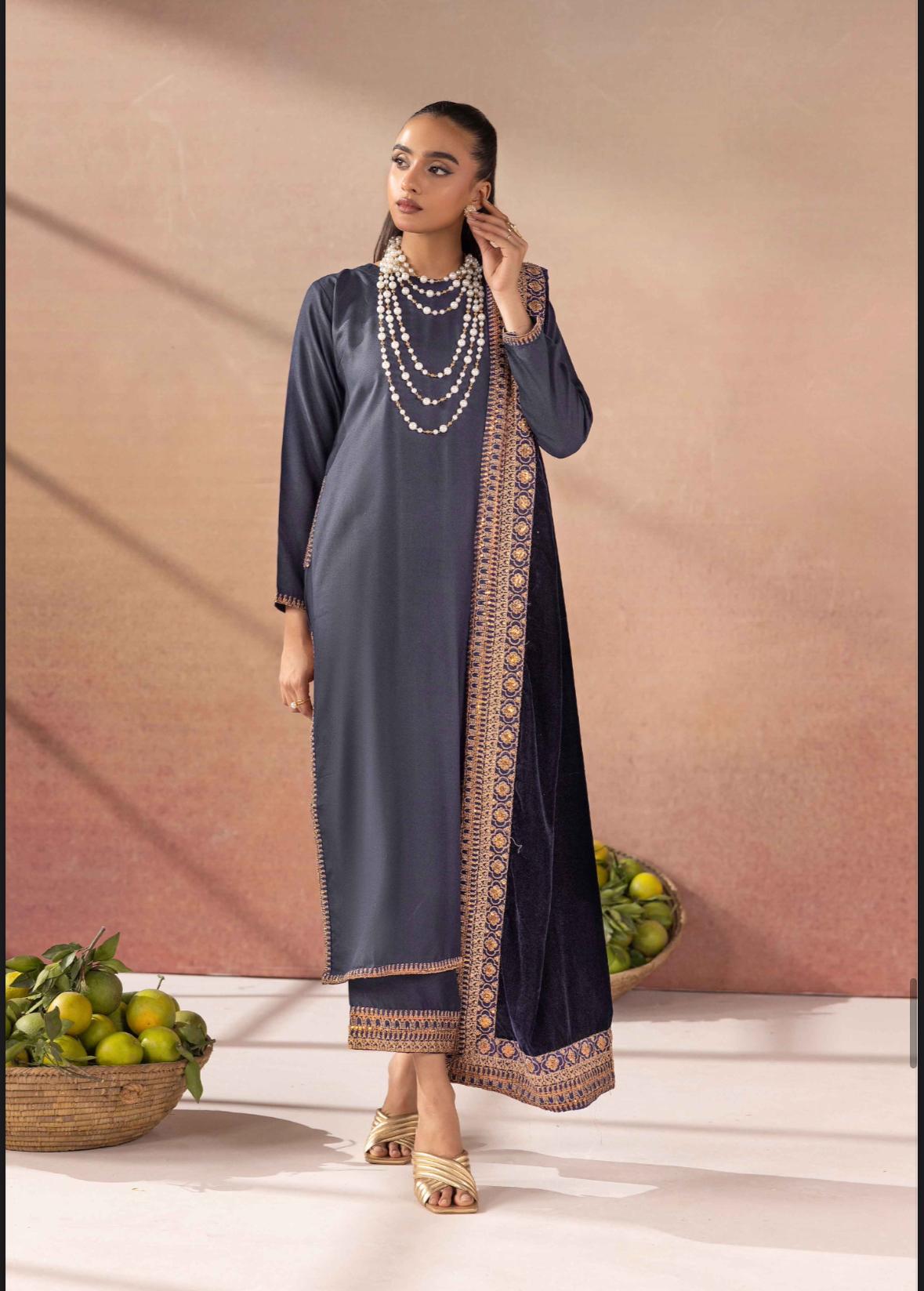 Salenmore | Amor by Simrans Dhanak Embroidered 3 Piece Suit with Velvet Shawl – Pakistani women's wear | Traditional Dress | L