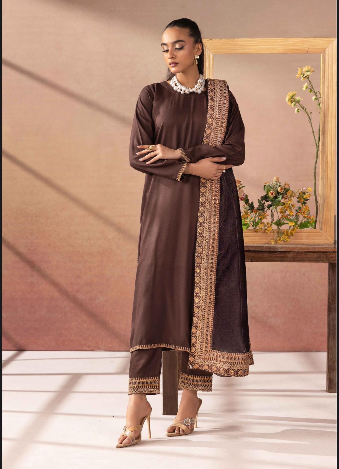 Salenmore | Amor by Simrans Dhanak Embroidered 3 Piece Suit with Velvet Shawl – Pakistani women's wear | Traditional Dress |