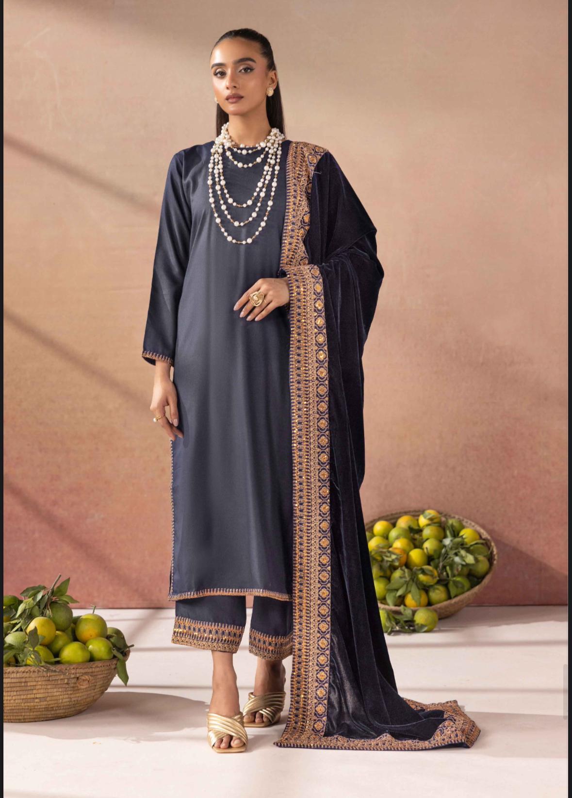 Salenmore | Amor by Simrans Dhanak Embroidered 3 Piece Suit with Velvet Shawl – Pakistani women's wear | Traditional Dress |