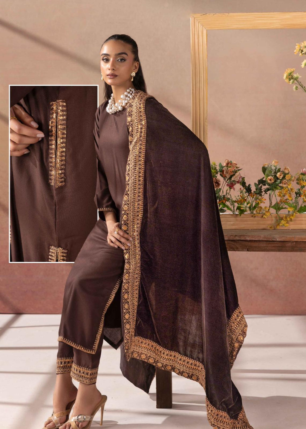 Salenmore | Amor by Simrans Dhanak Embroidered 3 Piece Suit with Velvet Shawl – Pakistani women's wear | Traditional Dress |