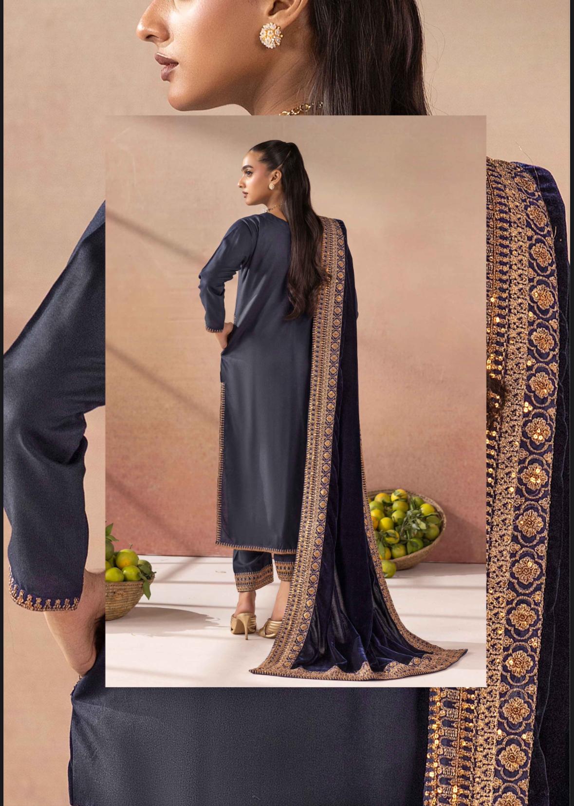 Salenmore | Amor by Simrans Dhanak Embroidered 3 Piece Suit with Velvet Shawl – Pakistani women's wear | Traditional Dress |