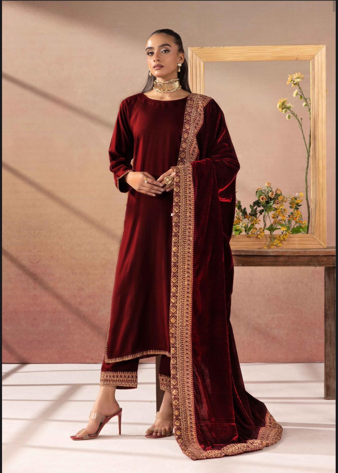Amor by Simrans Dhanak Embroidered 3-Piece Suit | Velvet Shawl
