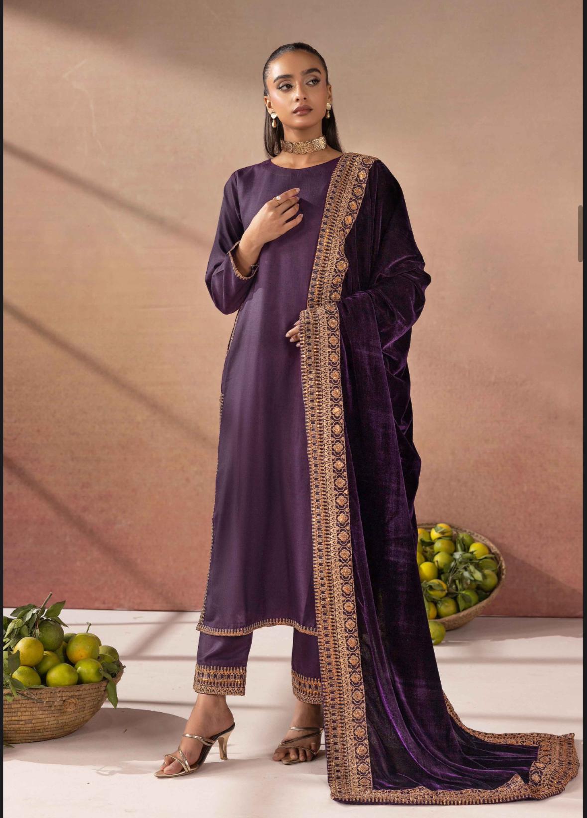 Amor by Simrans Dhanak Embroidered 3-Piece Suit | Velvet Shawl