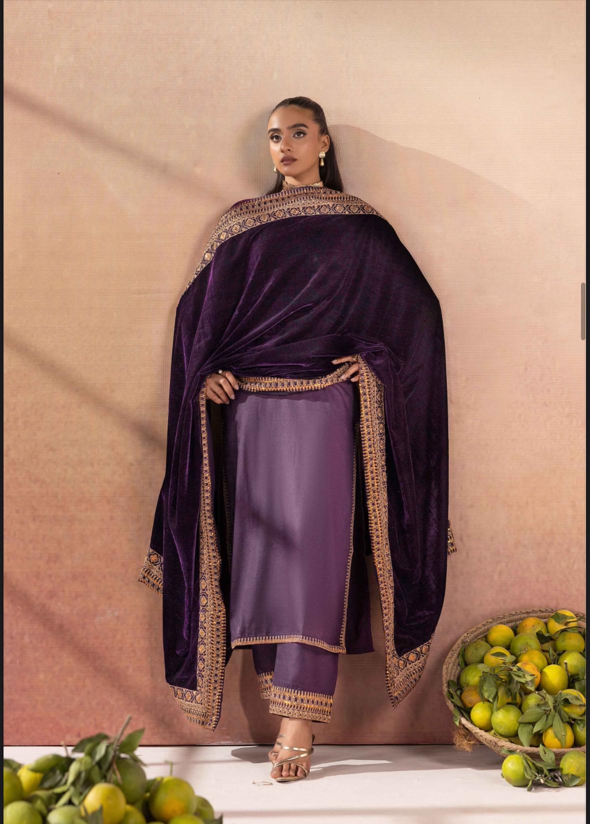 Salenmore | Amor by Simrans Dhanak Embroidered 3 Piece Suit with Velvet Shawl – Pakistani women's wear | Traditional Dress |