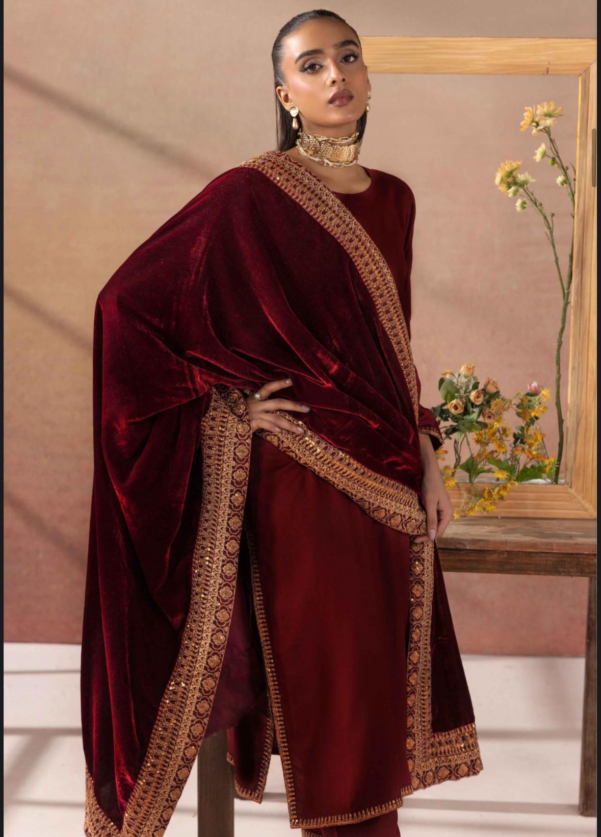 Salenmore | Amor by Simrans Dhanak Embroidered 3 Piece Suit with Velvet Shawl – Pakistani women's wear | |