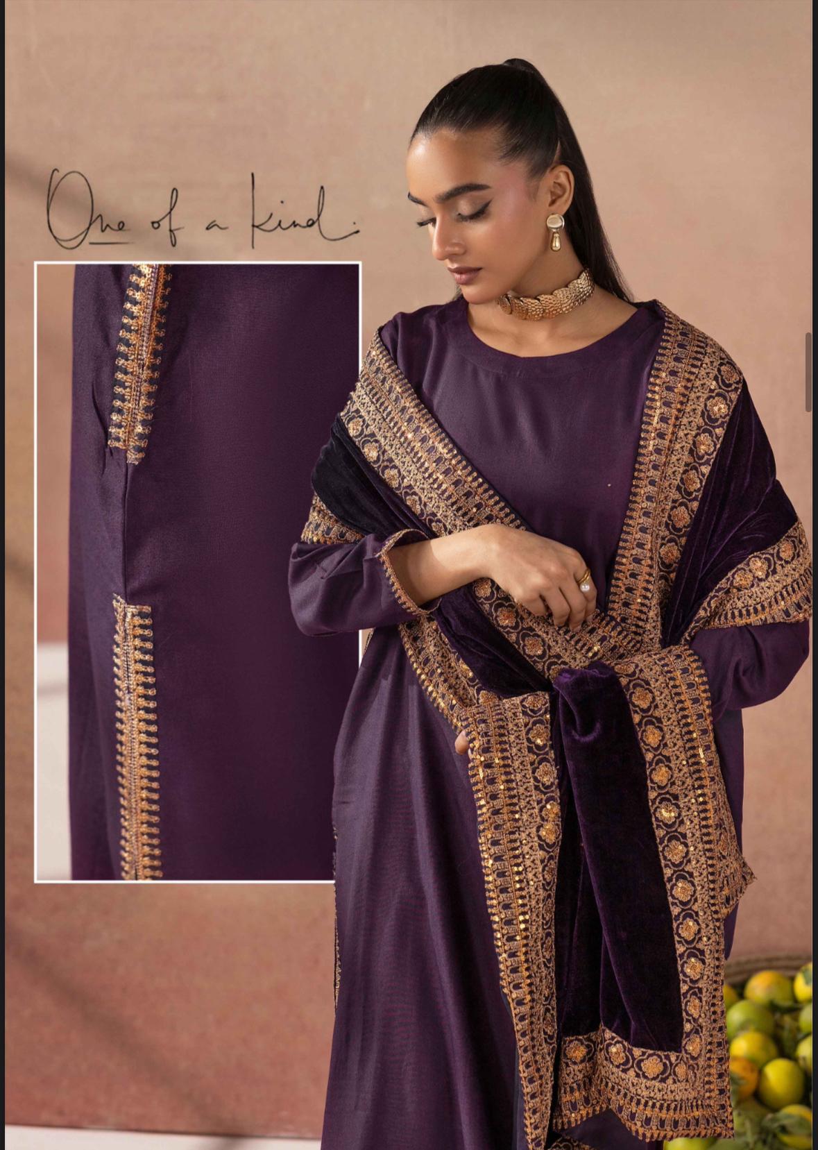 Salenmore | Amor by Simrans Dhanak Embroidered 3 Piece Suit with Velvet Shawl – Pakistani women's wear | Traditional Dress |