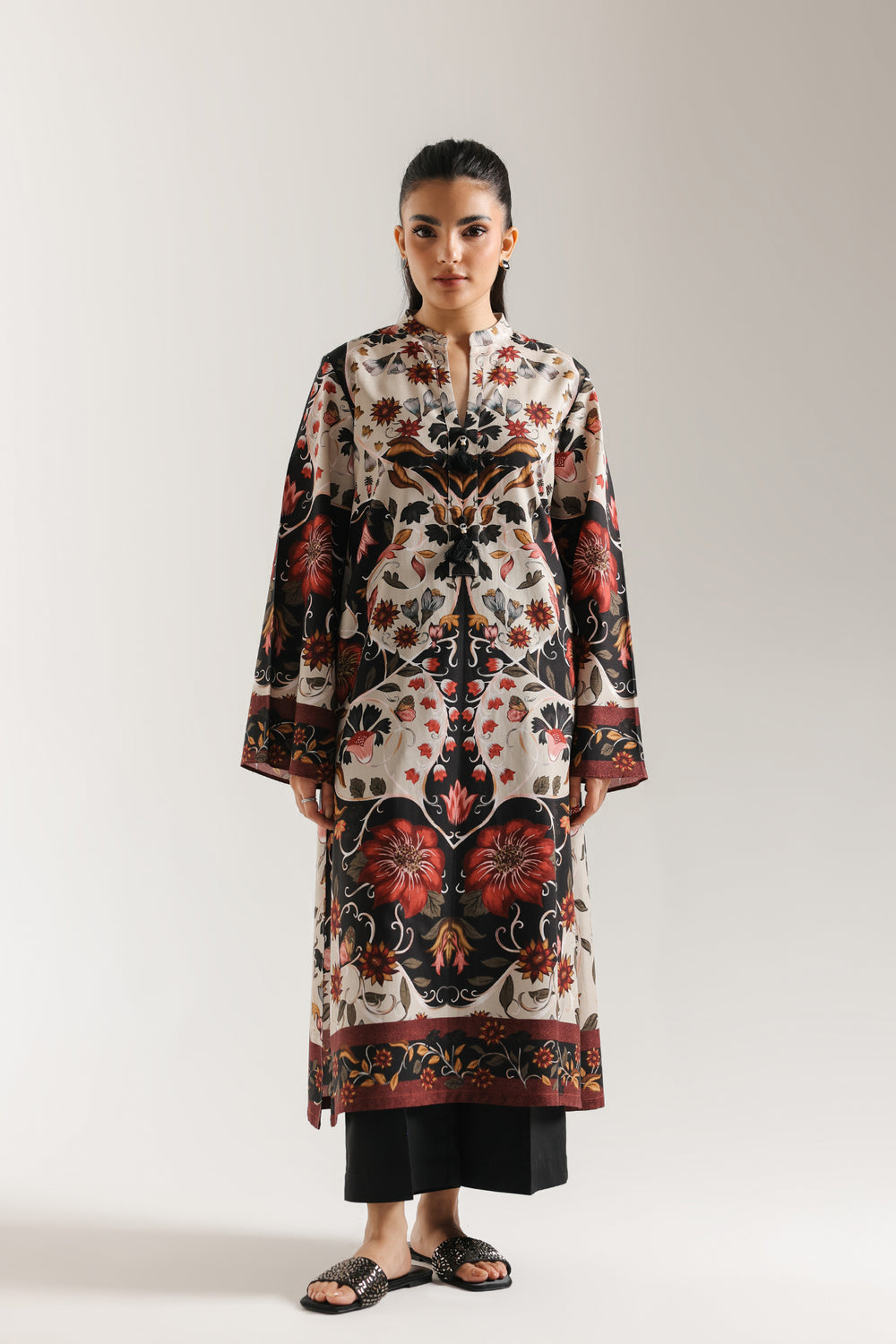 Ethnic Antique White Printed Suit – 2 Piece Stitched Kurti & Culotte Slub Viscose