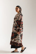 Ethnic 2-piece stitched suit in Antique White with printed shirt and black trousers