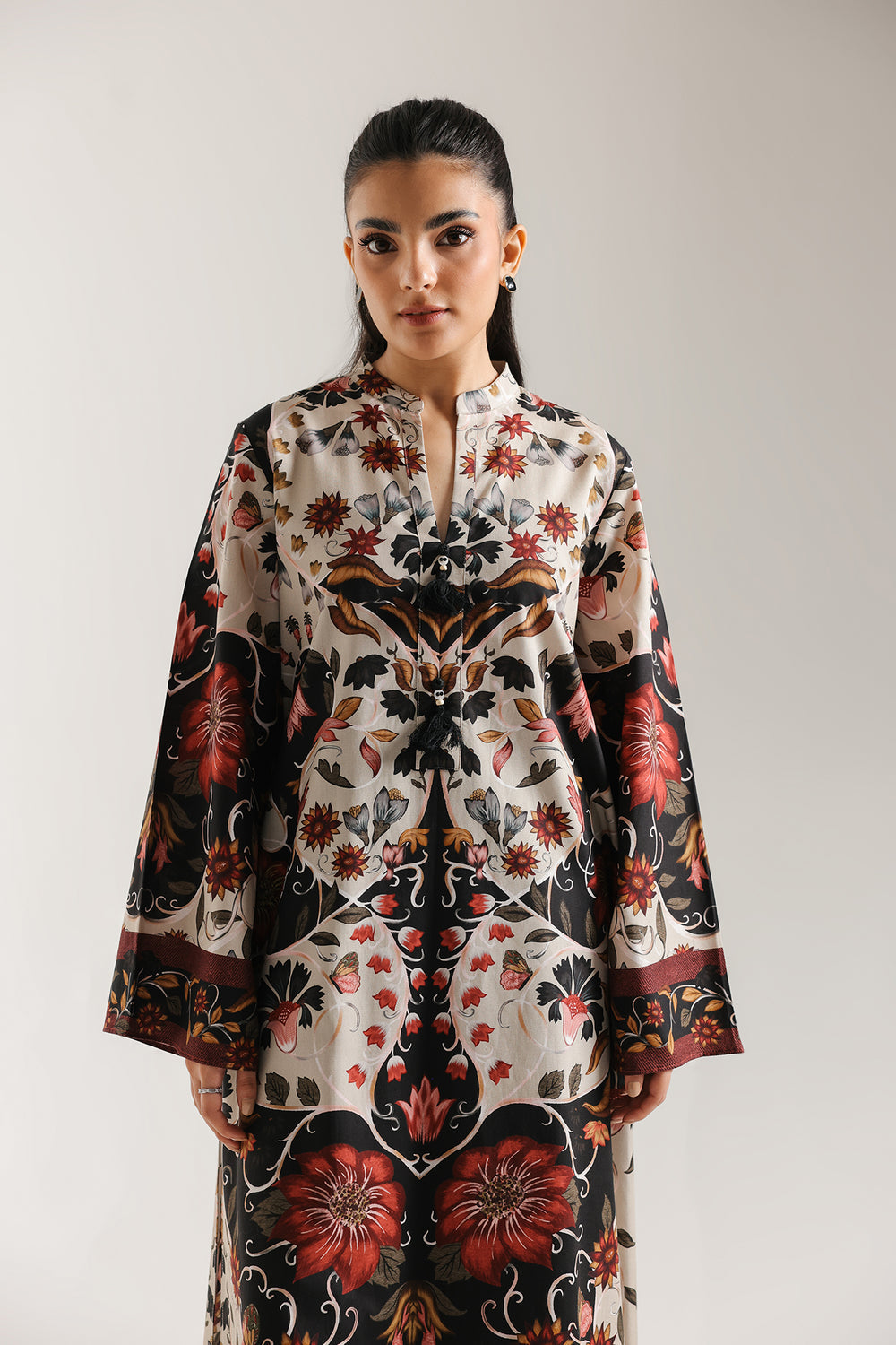 Fabric detail showing digital print on Ethnic viscose-cotton kurti