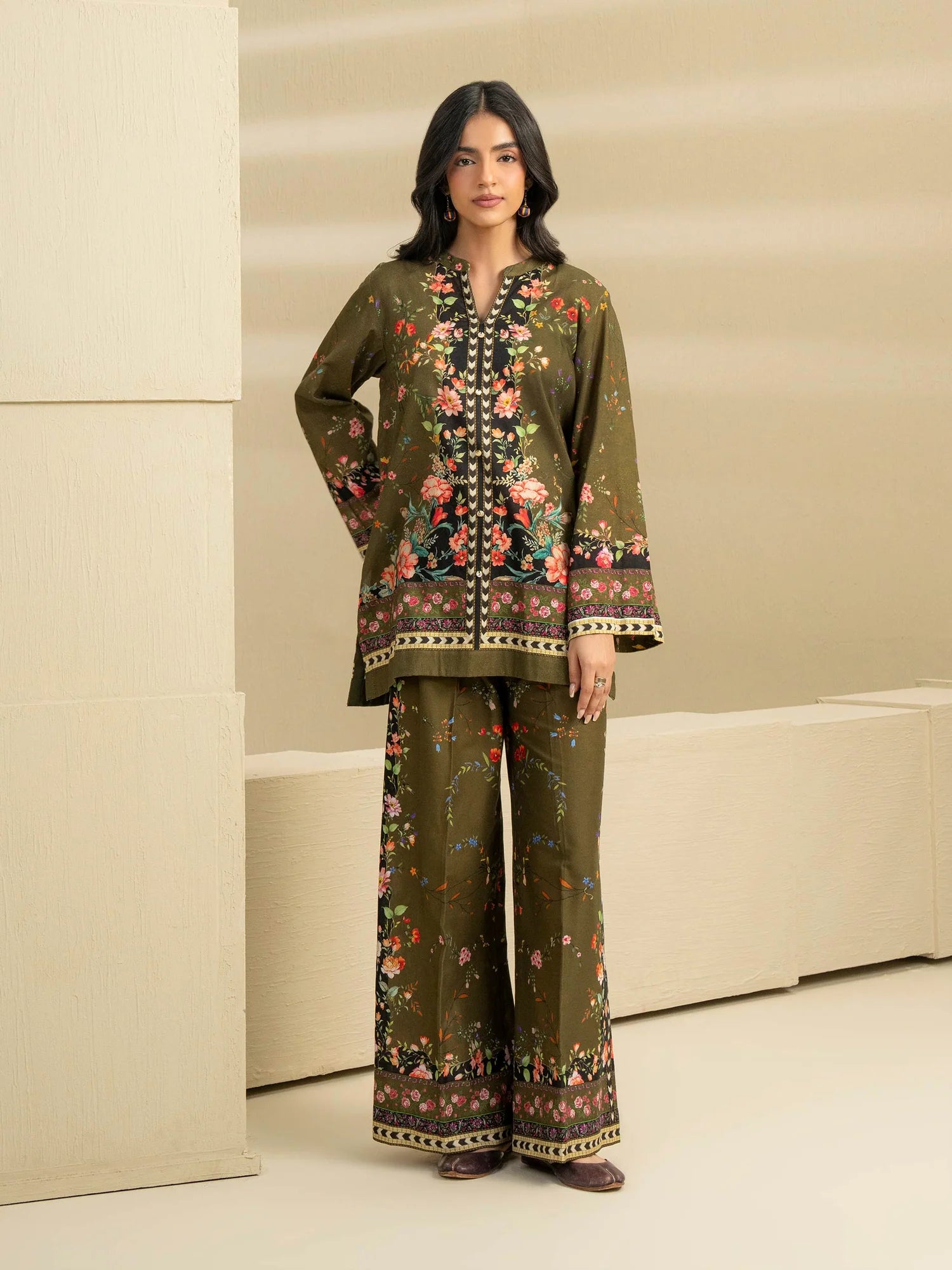 Limelight Olive Printed Slub Khaddar Co-Ord Set – Winter Pret 2-Piece