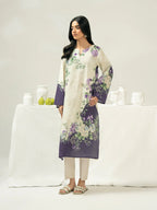 Woman wearing a floral dress with a white background