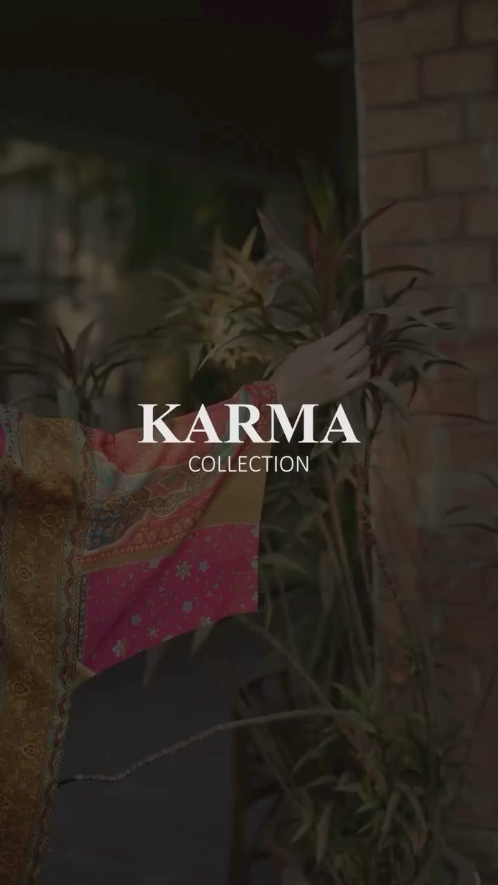 Karma 3 piece Kaftan Eliana Vibrant Printed Shamoz Silk 3PC Suit – Elegant Long Shirt with Dupatta & Trouser
Inner included