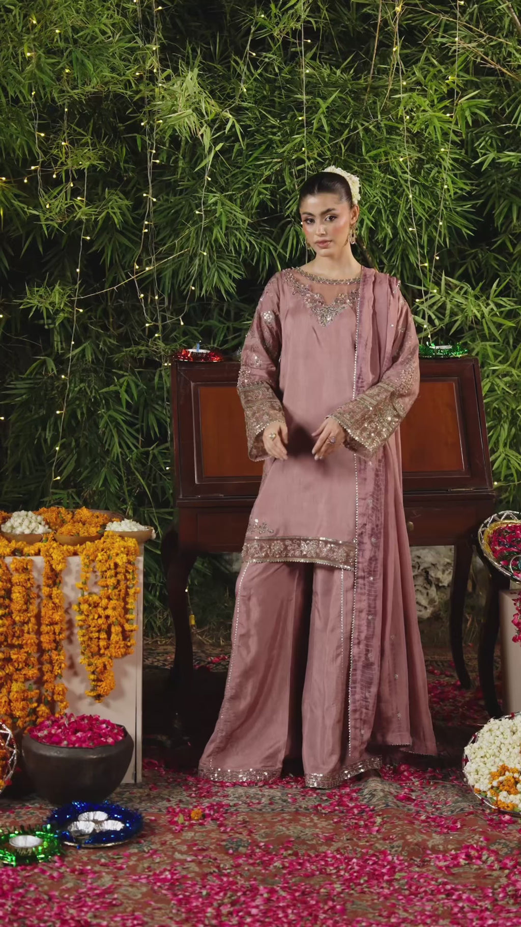 Embroidered 3 piece Mauve Embellished Ensemble