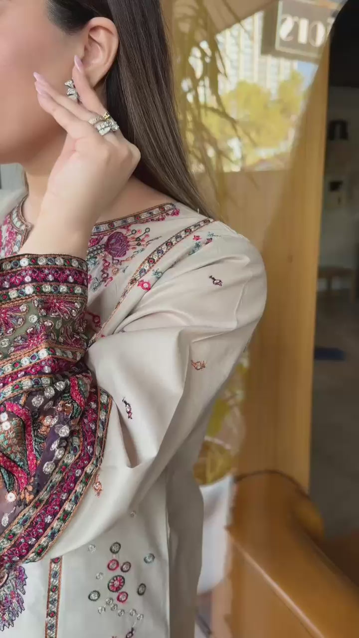 Beige Embroidered 3 Piece Lawn Suit with Trouser  & Organza Dupatta