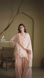 Peach Embroidered Raw Silk Short Kurta with Farshi Shalwar & Silk Dupatta