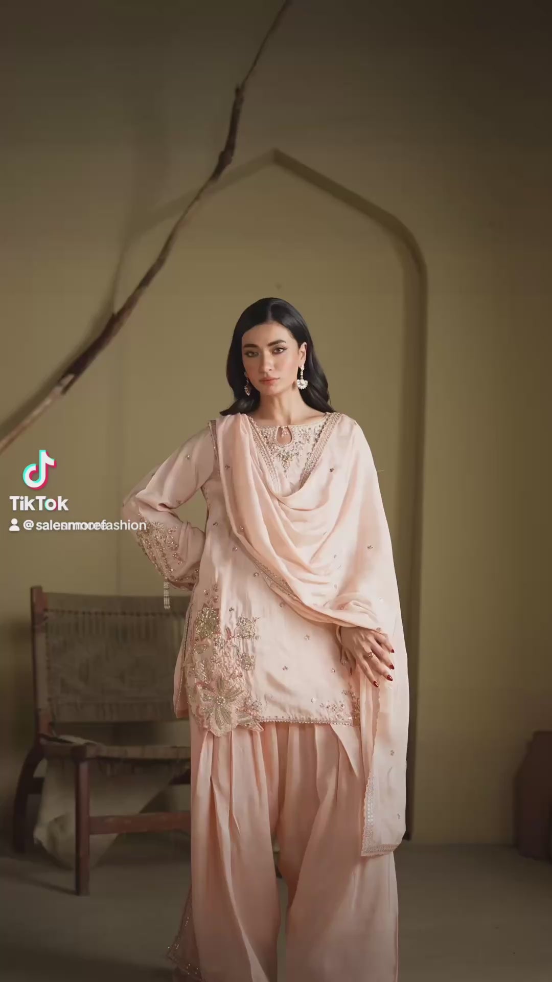 Peach Embroidered Raw Silk Short Kurta with Farshi Shalwar & Silk Dupatta