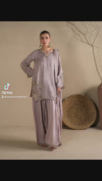 Lavender Embroidered Raw Silk Short Kurta with Farshi Shalwar & Silk Dupatta