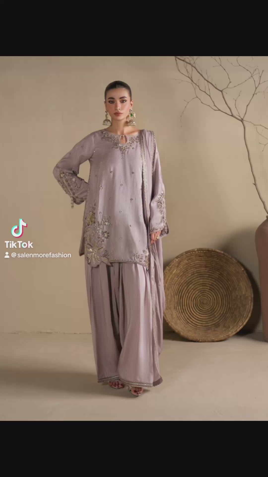 Lavender Embroidered Raw Silk Short Kurta with Farshi Shalwar & Silk Dupatta